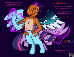 Size: 3850x2975 | Tagged: safe, artist:boundbrush, imported from derpibooru, rainbow dash, twilight sparkle, oc, alicorn, pegasus, abstract background, dialogue, furry, hypnosis, magic, spread wings, transformation, twilight sparkle (alicorn), wings