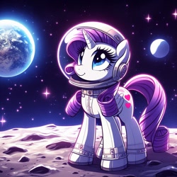 Size: 1024x1024 | Tagged: prompter needed, safe, imported from derpibooru, rarity, pony, unicorn, ai content, ai generated, astronaut, earth, female, g4, generator:bing image creator, generator:dall-e 3, mare, moon, solo, space, space helmet, spacesuit, tail