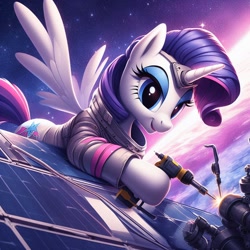 Size: 1024x1024 | Tagged: prompter needed, safe, imported from derpibooru, rarity, alicorn, pony, ai content, ai generated, alicornified, astronaut, female, g4, generator:bing image creator, generator:dall-e 3, mare, planet, race swap, raricorn, satellite, solar battery, solar panel, solo, space, spacesuit, spread wings, tail, wings