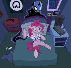 Size: 6968x6656 | Tagged: safe, artist:djsleepyhooves, imported from derpibooru, nightmare moon, alicorn, earth pony, pony, alarm clock, amplifier, bed, bedroom, cabinet, clock, clothes, colored, detailed background, dresser, duo, duo female, female, females only, g4, movie reference, night, nightmare on elm street, numbers, onomatopoeia, perspective, poster, room, shading, shirt, sleeping, snot bubble, sock, sound effects, speaker, spread legs, spreading, tendrils, zzz