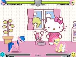 Size: 994x746 | Tagged: safe, artist:tom artista, imported from derpibooru, angel bunny, firefly, fluttershy, rainbow dash, cat, dog, pegasus, pony, fighting is magic, background, bipedal, fan game, g4, hello kitty, new, pink, plant, room, stage