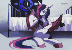 Size: 4140x2895 | Tagged: safe, artist:teturirusu, imported from derpibooru, oc, oc:midnight blaze, bat pony, pegasus, fanfic:iron hearts, bat wings, bed, chaos star, commission, crossover, ear fluff, female, gun, jewelry, looking at something, necklace, sitting, sketch, solo, splinter rifle, two toned hair, warhammer (game), warhammer 40k, weapon, wings