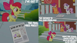 Size: 2000x1123 | Tagged: safe, edit, edited screencap, editor:quoterific, imported from derpibooru, screencap, amethyst star, apple bloom, parasol, scootaloo, sparkler, sweetie belle, ponyville confidential, cutie mark crusaders, foal free press, newspaper, ponyville schoolhouse