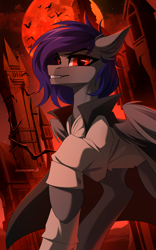 Size: 2500x4000 | Tagged: safe, artist:chamommile, imported from derpibooru, oc, oc only, original species, pegasus, pony, undead, vampire, blue hair, castle, cloak, clothes, commission, dracula, ear fluff, fallout, grey skin, looking at you, moon, non-pony oc, pegasus oc, red eyes, smiling, smiling at you, solo, wings, ych result