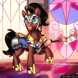 Size: 3000x3000 | Tagged: safe, artist:jedayskayvoker, imported from derpibooru, oc, oc:benjamin terrance tover, earth pony, pony, armor, armor skirt, armored pony, clothes, commission, cute, earth pony oc, glasses, male, raised hoof, royal guard, scroll, shiny, skirt, smiling, solo, spear, stained glass, stallion, weapon