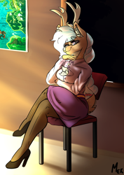 Size: 3508x4961 | Tagged: safe, artist:mekblue, imported from derpibooru, oc, oc only, oc:karolin, deer, reindeer, antlers, chalk, chalkboard, chest fluff, clothes, crossed legs, glasses, high heels, looking at you, map, professor, reindeer antlers, school, shirt, shoes, sitting, skirt, socks, solo