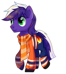 Size: 1707x1915 | Tagged: safe, artist:mondensor day, imported from derpibooru, oc, oc only, oc:proudy hooves, earth pony, 2020, clothes, cute, earth pony oc, jersey, looking up, male, scarf, simple background, smiling, solo, stallion, transparent background, uniform