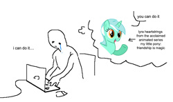 Size: 713x423 | Tagged: safe, artist:doctor-derpy, edit, editor:pink amena, imported from derpibooru, lyra heartstrings, human, pony, unicorn, computer, crying, laptop computer, meme, ponified meme, positive ponies, sad, smiling, thought bubble