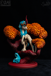 Size: 1600x2400 | Tagged: safe, artist:ewc workshop, artist:sunny way, imported from derpibooru, rain shine, kirin, 3d print, artwork, autumn, concave belly, craft, figurine, full body, happy, hoof fluff, hooves, horn, irl, jewelry, leaves, long horn, long tail, muscles, painting, photo, queen, regalia, ribs, sculpture, slim, smiling, solo, statue, tail, thin, tree, unshorn fetlocks