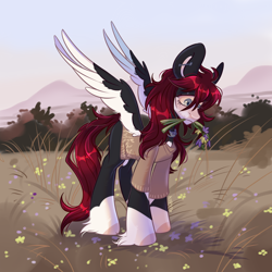 Size: 3000x3000 | Tagged: safe, artist:k0potb, imported from derpibooru, oc, oc only, earth pony, pegasus, pony, autumn, blushing, bush, choker, clothes, cloud, cute, ear piercing, earring, ears up, earth pony oc, eyebrows, female, field, flower, forest, grass, grass field, gray eyes, high res, jewelry, leaves, nature, pegasus oc, piercing, red hair, sky, solo, spread wings, sweater, tree, wings