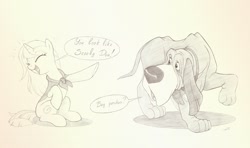 Size: 1740x1027 | Tagged: safe, artist:sherwoodwhisper, imported from derpibooru, oc, oc only, oc:eri, dog, pony, unicorn, cape, clothes, crossover, disney, emanata, eyes closed, female, filly, foal, lady and the tramp, laughing, male, monochrome, pointing, speech bubble, trusty