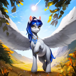 Size: 3072x3072 | Tagged: safe, imported from derpibooru, oc, oc only, oc:sky slicer, pegasus, pony, ai content, ai generated, autumn, blue mane, fancy, female, field, generator:purplesmart.ai, generator:stable diffusion, glowing, glowing eyes, hair up, jewelry, looking at you, mare, messy mane, mountain, mountain range, necklace, pegasus oc, pregnant, prompter:skyslicer, solo, spread wings, sun, white body, wings, yellow eyes