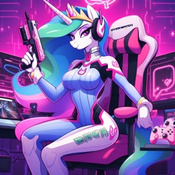 Size: 1024x1024 | Tagged: prompter needed, safe, imported from derpibooru, princess celestia, alicorn, anthro, ai content, ai generated, bodysuit, breasts, busty princess celestia, clothes, cosplay, costume, d.va, generator:dall-e 3, overwatch