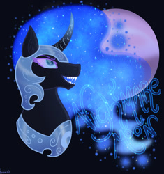 Size: 1280x1360 | Tagged: safe, artist:lavendernightfall, imported from derpibooru, nightmare moon, alicorn, pony, antagonist, blue eyes, blue mane, colored pupils, curved horn, digital art, ear fluff, ethereal mane, fangs, feather, female, flowing mane, g4, helmet, horn, lidded eyes, long horn, looking at you, majestic, mare, moon, night, open mouth, open smile, peytral, signature, smiling, smiling at you, solo, sparkles, starry mane, teeth, villainess, watermark