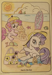 Size: 745x1073 | Tagged: safe, artist:starrscout-23, imported from derpibooru, pinkie pie, rarity, earth pony, unicorn, beach, beach towel, coloring, coloring page, duo, eyeshadow, female, hat, makeup, mare, sailboat, seashell, shading, shadow, sitting, stock vector, sun hat, sunscreen, surfboard, umbrella hat, when you see it