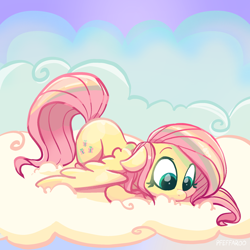 Size: 2048x2048 | Tagged: safe, artist:pfeffaroo, imported from derpibooru, fluttershy, pegasus, pony, cloud, colored eyebrows, cute, eyebrows, female, floppy ears, g4, high res, looking down, lying down, lying on a cloud, mare, on a cloud, outdoors, prone, shyabetes, solo, spread wings, wings