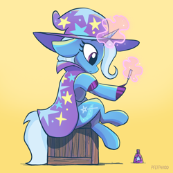 Size: 2048x2048 | Tagged: safe, artist:pfeffaroo, imported from derpibooru, trixie, pony, unicorn, cape, clothes, crate, crossed legs, cute, female, floppy ears, g4, glowing, glowing horn, gradient background, hat, high res, hoof polish, horn, levitation, magic, magic aura, mare, signature, simple background, sitting, solo, telekinesis, trixie's cape, trixie's hat, wizard hat, yellow background