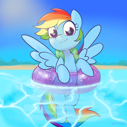 Size: 2048x2048 | Tagged: safe, artist:pfeffaroo, imported from derpibooru, rainbow dash, pegasus, pony, beach, cute, dashabetes, female, floating, happy, high res, inner tube, looking at you, mare, ocean, outdoors, pool toy, signature, smiling, smiling at you, solo, spread wings, summer, water, water wings, wings