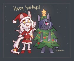 Size: 1280x1059 | Tagged: safe, artist:kazunekomori, imported from derpibooru, oc, oc only, bat pony, pony, bat pony oc, bat wings, christmas, christmas tree, clothes, costume, duo, holiday, santa costume, tree, wings