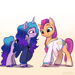 Size: 2136x2136 | Tagged: safe, artist:pfeffaroo, imported from derpibooru, izzy moonbow, sunny starscout, earth pony, pony, unicorn, clothes, colored eyebrows, cute, duo, duo female, eyebrows, fake wings, female, g5, high res, hoodie, horn, izzybetes, looking at someone, mare, princess celestia's cutie mark, princess luna's cutie mark, signature, smiling, sunnybetes, unshorn fetlocks