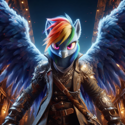 Size: 4096x4096 | Tagged: prompter needed, safe, imported from derpibooru, rainbow dash, ai content, ai generated, assassin, assassin's creed, clothes, g4, generator:dall-e 3, looking at you, multicolored hair, pink eyes, rainbow hair, spread wings, suit, weapon, wings