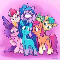 Size: 2048x2048 | Tagged: safe, artist:pfeffaroo, imported from derpibooru, hitch trailblazer, izzy moonbow, pipp petals, sunny starscout, zipp storm, dragon, earth pony, pegasus, pony, unicorn, adorapipp, adorazipp, applejack (g5), baby, baby dragon, backwards cutie mark, cellphone, colored eyebrows, colored wings, crown, cute, eye clipping through hair, eye contact, eyebrows, eyebrows visible through hair, female, fluttershy (g5), folded wings, g5, gradient background, gradient hooves, gradient wings, grin, group, high res, hitchbetes, horn, izzybetes, jewelry, looking at each other, looking at someone, male, mane five, mane six (g5), mare, misty brightdawn, mistybetes, open mouth, open smile, phone, pinkie pie (g5), rainbow dash (g5), rarity (g5), regalia, royal sisters (g5), septet, siblings, signature, sisters, sitting, smartphone, smiling, smiling at each other, sparkly eyes, sparky sparkeroni, sparkybetes, spread wings, stallion, starry eyes, sunnybetes, toothy grin, twilight sparkle (g5), unshorn fetlocks, wall of tags, wingding eyes, wings