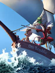 Size: 3543x4724 | Tagged: safe, artist:28gooddays, imported from derpibooru, discord, oc, draconequus, pony, absurd resolution, baseball bat, boat, clothes, flag, hat, ocean, robe, sword, water, weapon