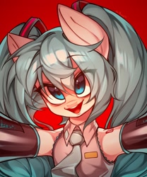 Size: 1706x2048 | Tagged: safe, artist:minekoo2, imported from derpibooru, earth pony, pony, anime, bust, clothes, female, hatsune miku, mare, open mouth, open smile, ponified, simple background, smiling, solo, vocaloid