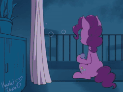 Size: 1440x1080 | Tagged: safe, artist:hauntedtuba, imported from derpibooru, applejack, fluttershy, pinkie pie, rainbow dash, rarity, twilight sparkle, alicorn, earth pony, pegasus, pony, unicorn, air conditioner, animated, apartment, balcony, bed, bubble, bubble blower, clock, crescent moon, dust motes, eye shimmer, food, lo-fi, mane six, moon, night, potted plant, rooftop, sad, shower, twilight sparkle (alicorn), water, webm, wet, wet mane, window