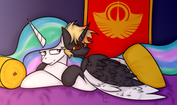 Size: 3575x2132 | Tagged: safe, artist:ashel_aras, imported from derpibooru, princess celestia, oc, oc only, alicorn, bed, commission, duo, emblem, lying down, pillow, prone, sketch