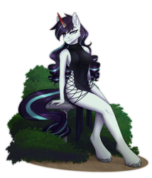 Size: 2400x2800 | Tagged: safe, artist:enderbee, imported from derpibooru, oc, anthro, unguligrade anthro, unicorn, anthro oc, black dress, breasts, bush, clothes, colored horn, curly hair, curved horn, dress, female, full body, hand, hooves, horn, looking at you, not coloratura, simple background, sitting, smiling, smiling at you, solo, sombra horn, transparent background
