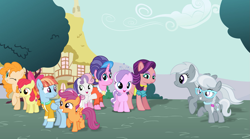 Size: 1597x886 | Tagged: artist needed, safe, imported from derpibooru, apple bloom, cookie crumbles, diamond tiara, pear butter, scootaloo, silver spoon, silverspeed, spoiled rich, sweetie belle, windy whistles, earth pony, pegasus, pony, unicorn, adopted, adopted offspring, cute, cutealoo, cutie mark crusaders, female, filly, foal, glasses, grin, headcanon, headcanon in the description, jewelry, mare, mother and child, mother and daughter, necklace, one eye closed, open mouth, open smile, pearl necklace, ponyville, scootadoption, scootalove, silverbetes, smiling, spread wings, tiara, windybetes, wings, wink