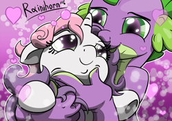 Size: 1748x1236 | Tagged: safe, artist:rainihorn, imported from derpibooru, spike, sweetie belle, dragon, pony, unicorn, 2016, female, heart, male, old art, ship:spikebelle, shipping, straight