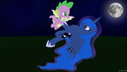 Size: 3840x2160 | Tagged: safe, artist:kolya9898, imported from derpibooru, princess luna, spike, alicorn, dragon, pony, female, full moon, male, moon, ship:spiluna, shipping, straight, wings