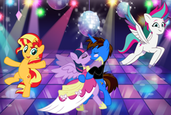 Size: 3164x2123 | Tagged: safe, artist:shieldwingarmorofgod, imported from derpibooru, sunset shimmer, twilight sparkle, zipp storm, oc, oc:andrew, alicorn, pegasus, unicorn, birthday, canon x oc, clothes, coronation dress, dance floor, dancing, disco ball, dress, eyes closed, female, g4, g5, kissing, male, mare, stallion, straight, twilight sparkle (alicorn)