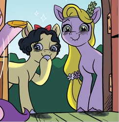 Size: 782x801 | Tagged: safe, edit, idw, imported from derpibooru, earth pony, pony, spoiler:comic, spoiler:g5, spoiler:g5comic, spoiler:g5comic09, bow, cameo, cropped, disney, disney princess, female, flower, flower in hair, g5, g5 collapse of disney, hair bow, headband, hoof over mouth, mare, official comic, pixar, rapunzel, reference, snow white, snow white and the seven dwarfs, sparkles, sparkly eyes, tangled (disney), unnamed character, unnamed pony, wingding eyes