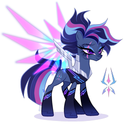 Size: 1458x1451 | Tagged: safe, artist:gihhbloonde, imported from derpibooru, oc, oc only, unnamed oc, earth pony, adoptable, augmented wings, boots, closed mouth, clothes, colored wings, earth pony oc, eye scar, eyeshadow, facial scar, female, glowing, glowing wings, gradient wings, lightly watermarked, magical lesbian spawn, makeup, mare, multicolored wings, offspring, parent:rainbow dash, parent:tempest shadow, parents:tempestdash, purple eyes, scar, scarred, shoes, simple background, smiling, solo, spread wings, standing, transparent background, vest, watermark, wings