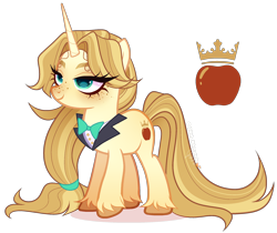 Size: 2322x1949 | Tagged: safe, artist:gihhbloonde, imported from derpibooru, oc, oc only, unnamed oc, pony, unicorn, adoptable, bowtie, closed mouth, collar, colored hooves, female, freckles, horn, lidded eyes, lightly watermarked, long mane, long tail, mare, offspring, parent:applejack, parent:prince blueblood, parents:bluejack, ponytail, simple background, smiling, solo, standing, tail, teal eyes, transparent background, unicorn oc, unshorn fetlocks, watermark