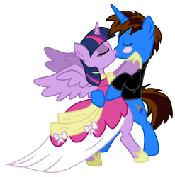 Size: 3586x3632 | Tagged: safe, artist:shieldwingarmorofgod, imported from derpibooru, twilight sparkle, oc, alicorn, pony, unicorn, canon x oc, clothes, coronation dress, dancing, dress, eyes closed, female, kissing, male, mare, simple background, stallion, straight, transparent background, twilight sparkle (alicorn)