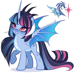 Size: 1568x1520 | Tagged: safe, artist:gihhbloonde, imported from derpibooru, oc, oc only, unnamed oc, dracony, dragon, hybrid, pony, adoptable, closed mouth, colored wings, curved horn, dracony alicorn, dracony oc, dragon wings, female, gradient mane, gradient tail, gradient wings, horn, interspecies offspring, lightly watermarked, long tail, magenta eyes, magical lesbian spawn, mare, multiple horns, offspring, pale belly, parent:princess ember, parent:twilight sparkle, parents:emberlight, raised hoof, simple background, slit pupils, smiling, solo, sparkly wings, spread wings, standing, tail, transparent background, watermark, wings