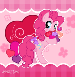 Size: 965x981 | Tagged: safe, artist:flahney, imported from derpibooru, pinkie pie, earth pony, bow, female, flower, heart, holiday, solo, valentine, valentine's day