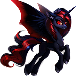 Size: 2136x2136 | Tagged: prompter needed, safe, imported from derpibooru, oc, oc only, oc:blood moon, alicorn, pony, fallout equestria, game: fallout equestria: remains, ai content, ai generated, artificial alicorn, bat wings, evil, female, generator:stable diffusion, simple background, solo, spread wings, wings