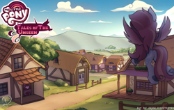 Size: 2507x1582 | Tagged: safe, artist:orion_illustrates, imported from derpibooru, oc, oc:coral cloudbloom, pegasus, comic:tales of the unseen, detailed background, female, flying, ponyville, scenery, solo, spread wings, wings