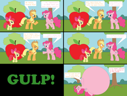 Size: 4014x3043 | Tagged: safe, artist:yourthecuttestfoxes, imported from derpibooru, apple bloom, applejack, pinkie pie, earth pony, pony, apple, apple bloom's bow, belly, big belly, bloomprey, bow, comic, dialogue, eating, female, filly, filly prey, foal, food, giant apple, gulp, hair bow, huge belly, impossibly large belly, mare, mare pred, mare prey, pinkie pred, preybloom, preyjack, tree, vore