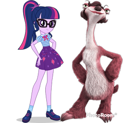 Size: 1080x1080 | Tagged: safe, artist:cutler1228, imported from derpibooru, sci-twi, twilight sparkle, human, sloth, equestria girls, crossover, francine (ice age), g4, ice age, simple background, solo, transparent background