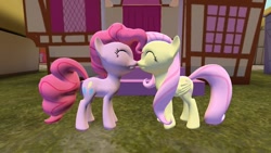 Size: 1360x768 | Tagged: safe, artist:fco513, imported from derpibooru, fluttershy, pinkie pie, earth pony, pegasus, pony, 3d, ^^, duo, eyes closed, female, gmod, lesbian, mare, nuzzling, ponyville, ship:flutterpie, shipping, smiling, sugarcube corner