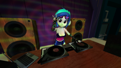 Size: 1920x1080 | Tagged: safe, artist:oatmeal!, imported from derpibooru, dj pon-3, vinyl scratch, human, equestria girls, 3d, accessory swap, amplifier, bare shoulders, breasts, canterlot high, cleavage, computer, gmod, headphones, laptop computer, looking at you, music, performance, record player, solo, spotlight, stage, standing, sunglasses