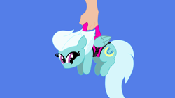 Size: 3840x2160 | Tagged: safe, artist:duran301, imported from derpibooru, fleetfoot, series:pack a pony, blue background, carrying, hand, simple background, solo