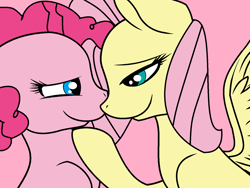 Size: 1516x1142 | Tagged: safe, artist:jadeharmony, imported from derpibooru, fluttershy, pinkie pie, earth pony, pegasus, pony, big smile, duo, female, hoof under chin, lesbian, lidded eyes, looking at each other, looking at someone, mare, pink background, ship:flutterpie, shipping, simple background, smiling, smiling at each other, spread wings, wings