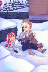 Size: 1800x2700 | Tagged: safe, artist:abbytabbys, imported from derpibooru, applejack, sunset shimmer, fanfic:looking glass, series:who we become, commission, full background, snow, snowball, snowball fight, stop sign, tree, younger